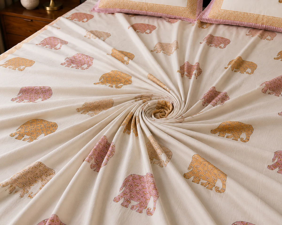 Gajraj Handblock Print pink Premium Cotton Bedsheet with 2 Pillow Covers (108x108 super king size)