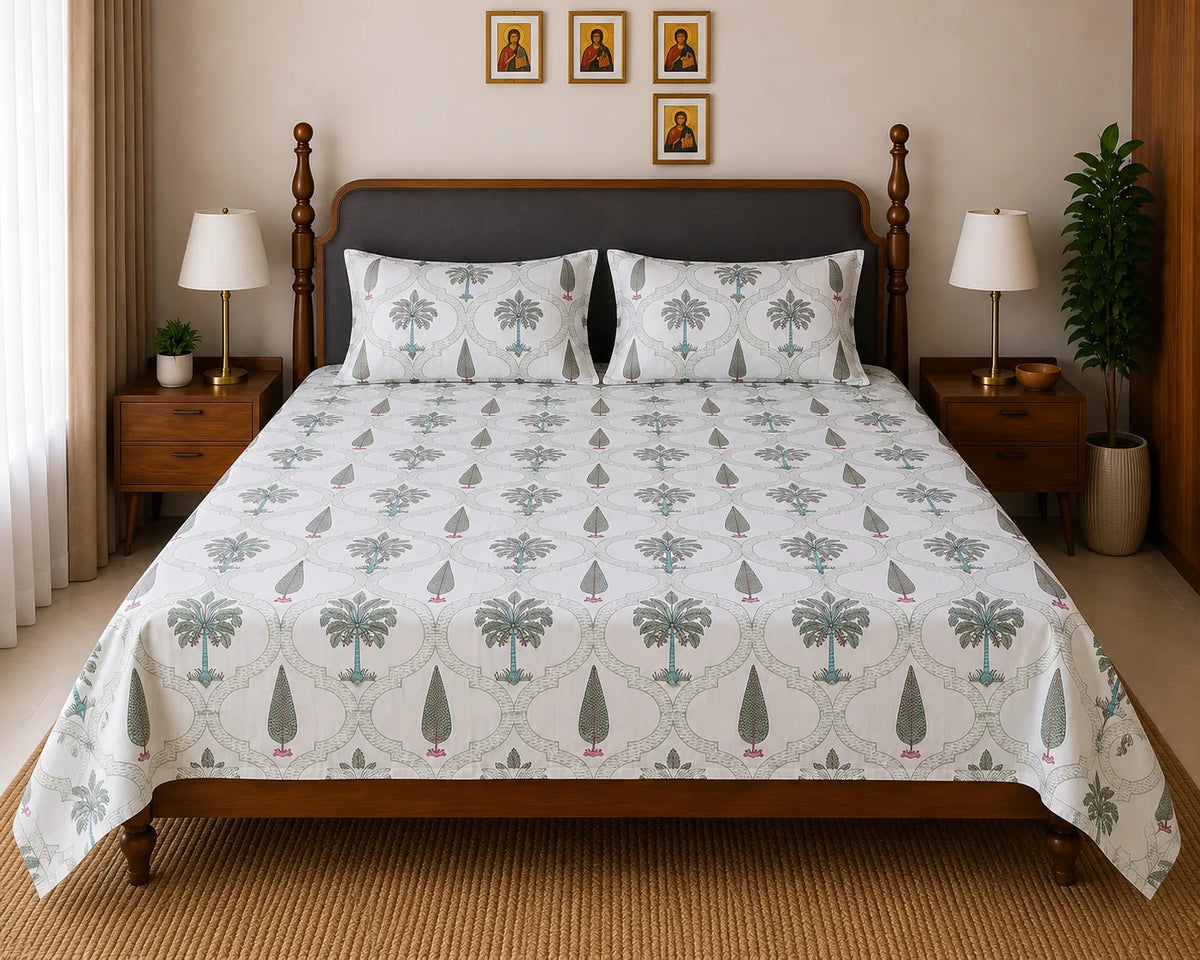 Nandanvan Handblock Print Premium Cotton Bedsheet with 2 Pillow Covers (108x108 super king size)