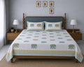 Gajraj Handblock Print Mustard & Sea Green Premium Cotton Bedsheet with 2 Pillow Covers (108x108 super king size)