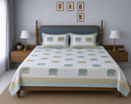 Gajraj Handblock Print Mustard & Sea Green Premium Cotton Bedsheet with 2 Pillow Covers (108x108 super king size)