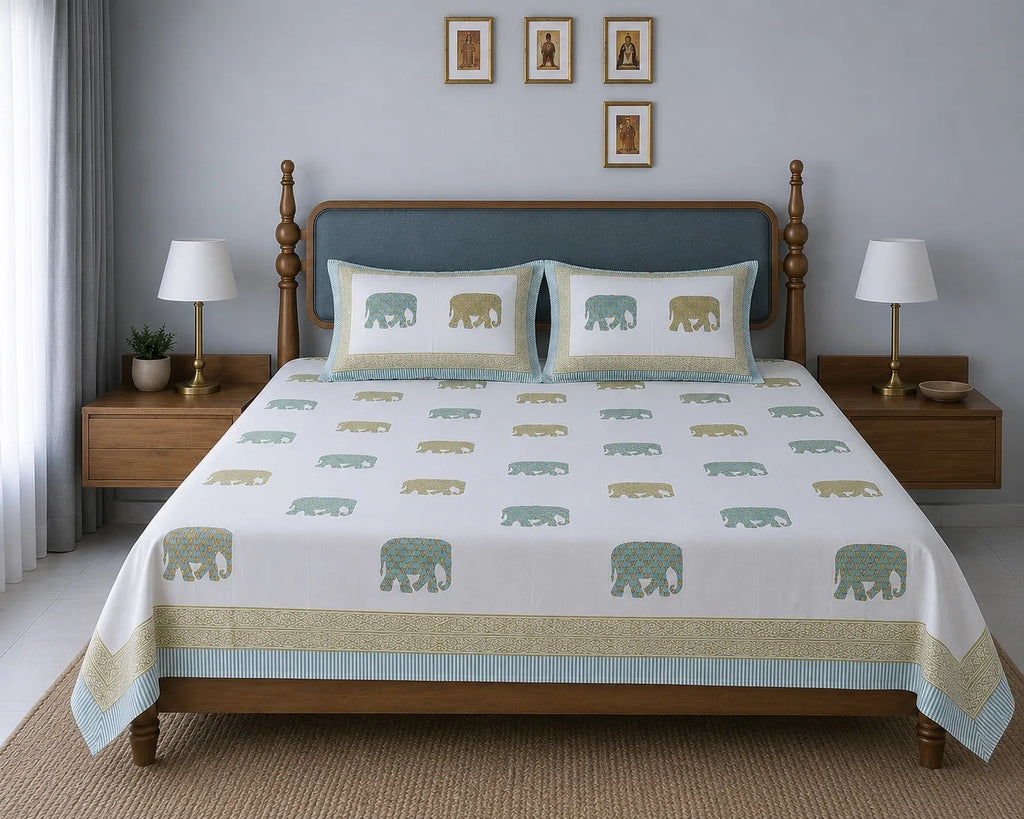Gajraj Handblock Print Mustard & Sea Green Premium Cotton Bedsheet with 2 Pillow Covers (108x108 super king size)