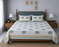 Gajraj Handblock Print Mustard & Sea Green Premium Cotton Bedsheet with 2 Pillow Covers (108x108 super king size)
