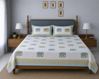 Gajraj Handblock Print Mustard & Sea Green Premium Cotton Bedsheet with 2 Pillow Covers (108x108 super king size)