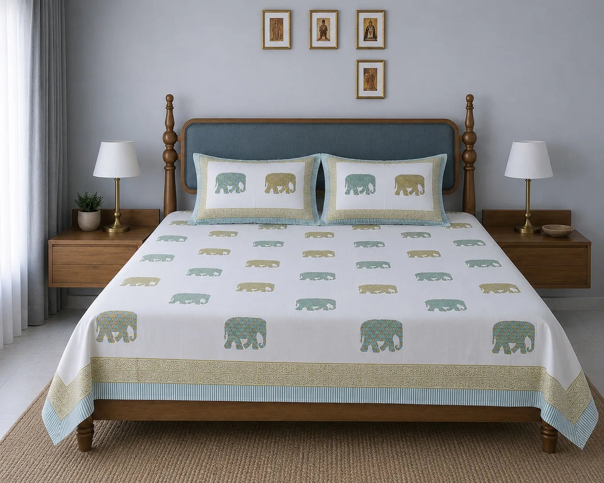 Gajraj Handblock Print Mustard & Sea Green Premium Cotton Bedsheet with 2 Pillow Covers (108x108 super king size)