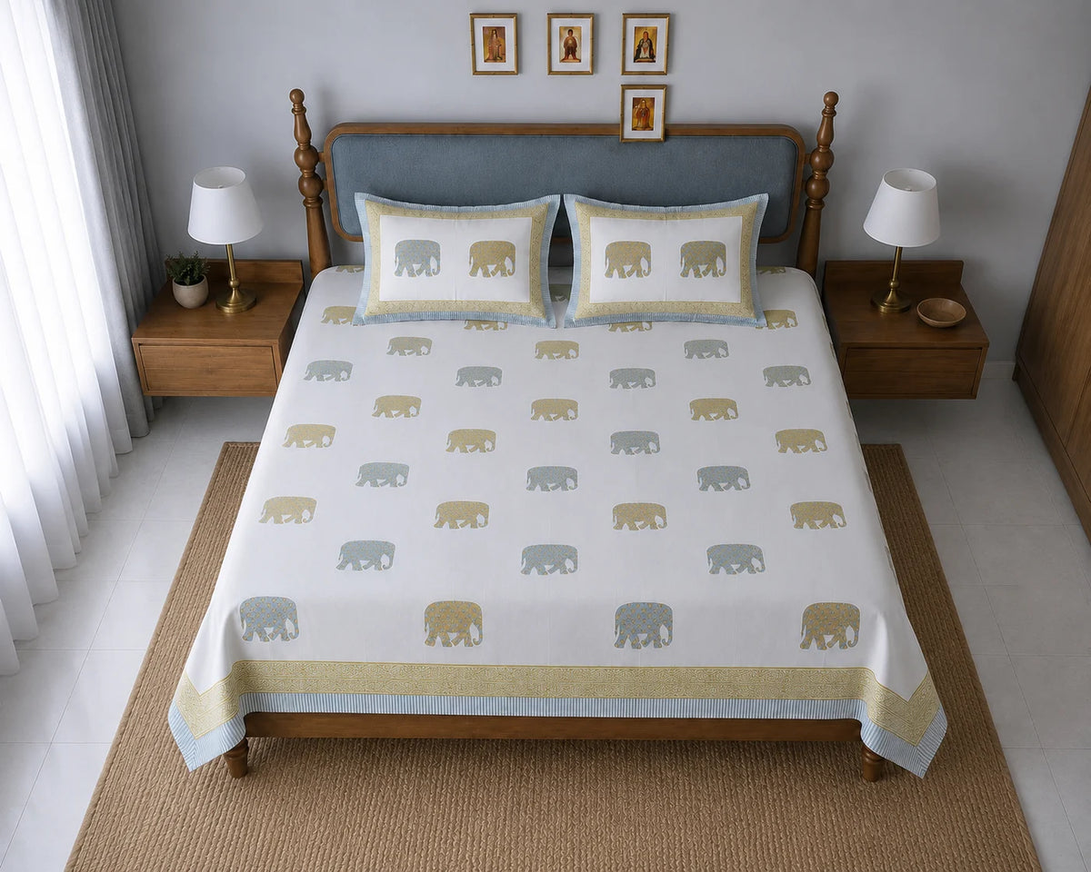 Gajraj Handblock Print Mustard Yellow & Powder Blue Premium Cotton Bedsheet with 2 Pillow Covers (108x108 super king size)