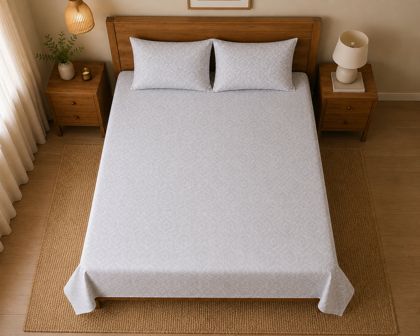Super King Size Grey Trellis Premium cotton Bedsheet with 2 Pillow covers (108x108 inches)