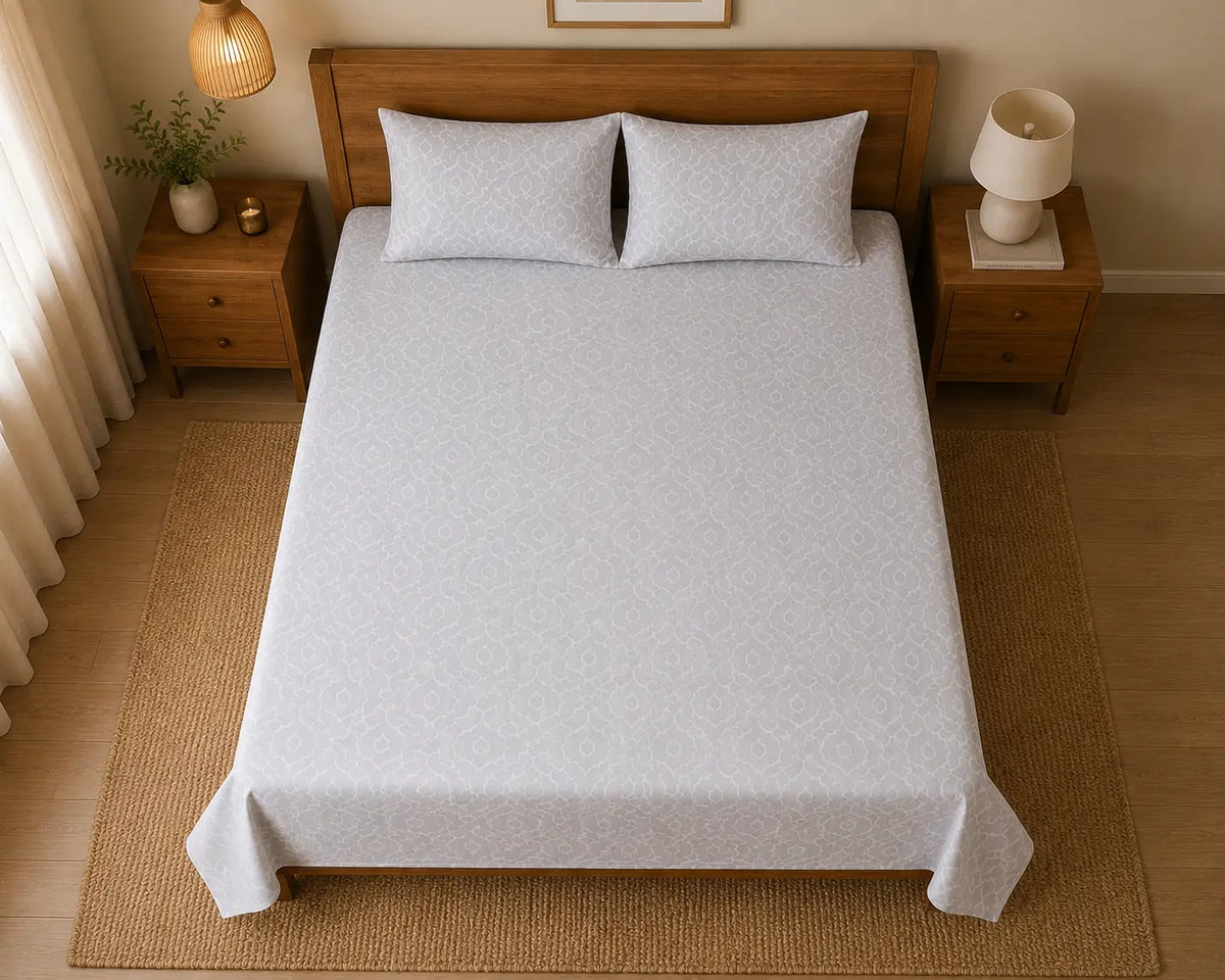 Super King Size Grey Trellis Premium cotton Bedsheet with 2 Pillow covers (108x108 inches)