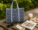 Hand Block Print Cotton Tote Bag – Indigo Floral Canvas Tote | Quilted Reusable Shoulder Bag | Handmade Jaipur Tote for Everyday Use