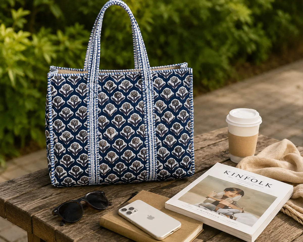 Hand Block Print Cotton Tote Bag – Indigo Floral Canvas Tote | Quilted Reusable Shoulder Bag | Handmade Jaipur Tote for Everyday Use