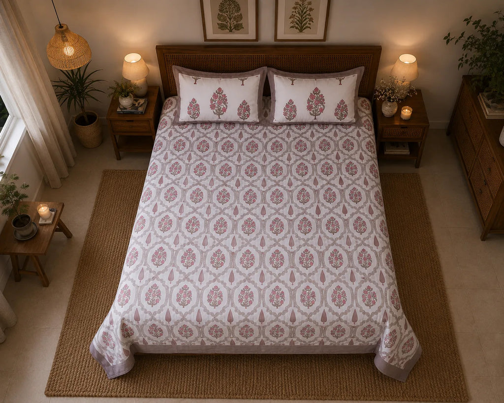 Gulab Kunj Print Cotton Bedsheet with 2 Pillow Covers | Premium Jaipuri Floral Bedsheet | (108x108 super king size)