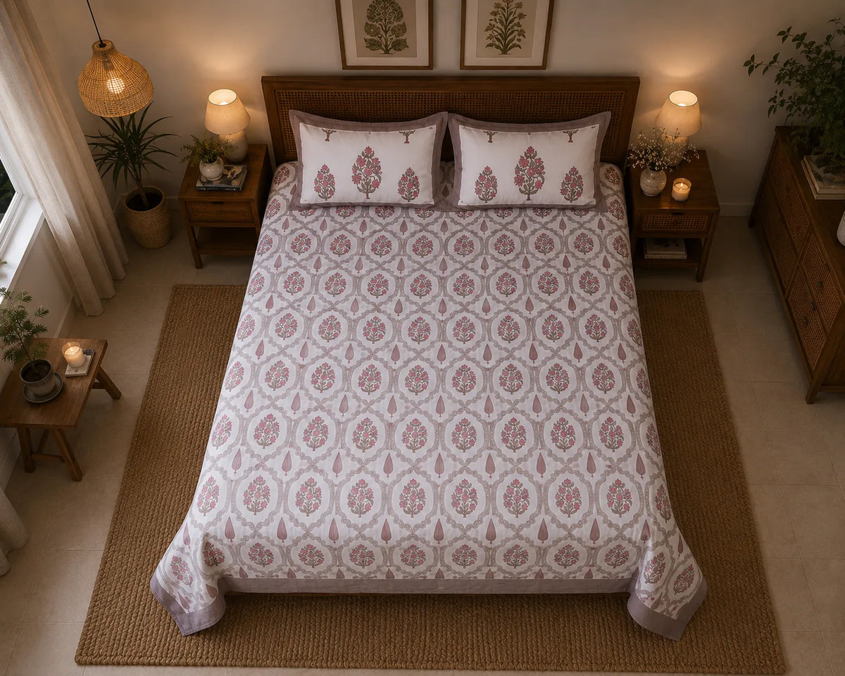Gulab Kunj Print Cotton Bedsheet with 2 Pillow Covers | Premium Jaipuri Floral Bedsheet | (108x108 super king size)