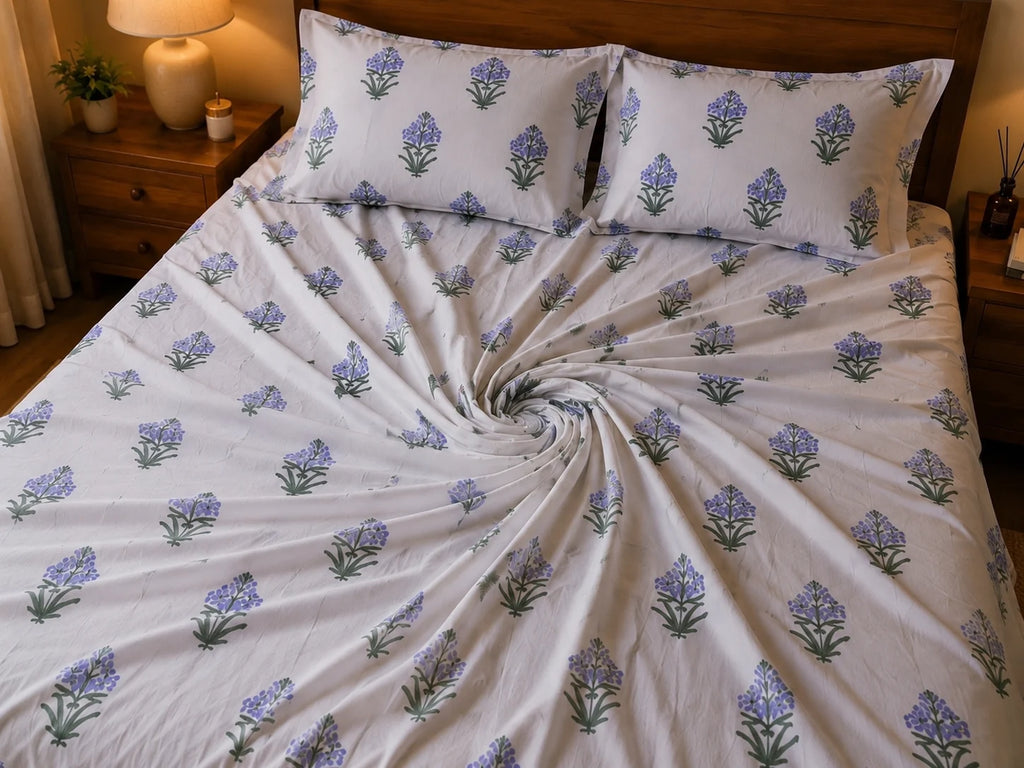 Lavender Buta Handblock Printed Mulmul Cotton Bedsheet with 2 Pillow Covers (108x108 Super King Size)
