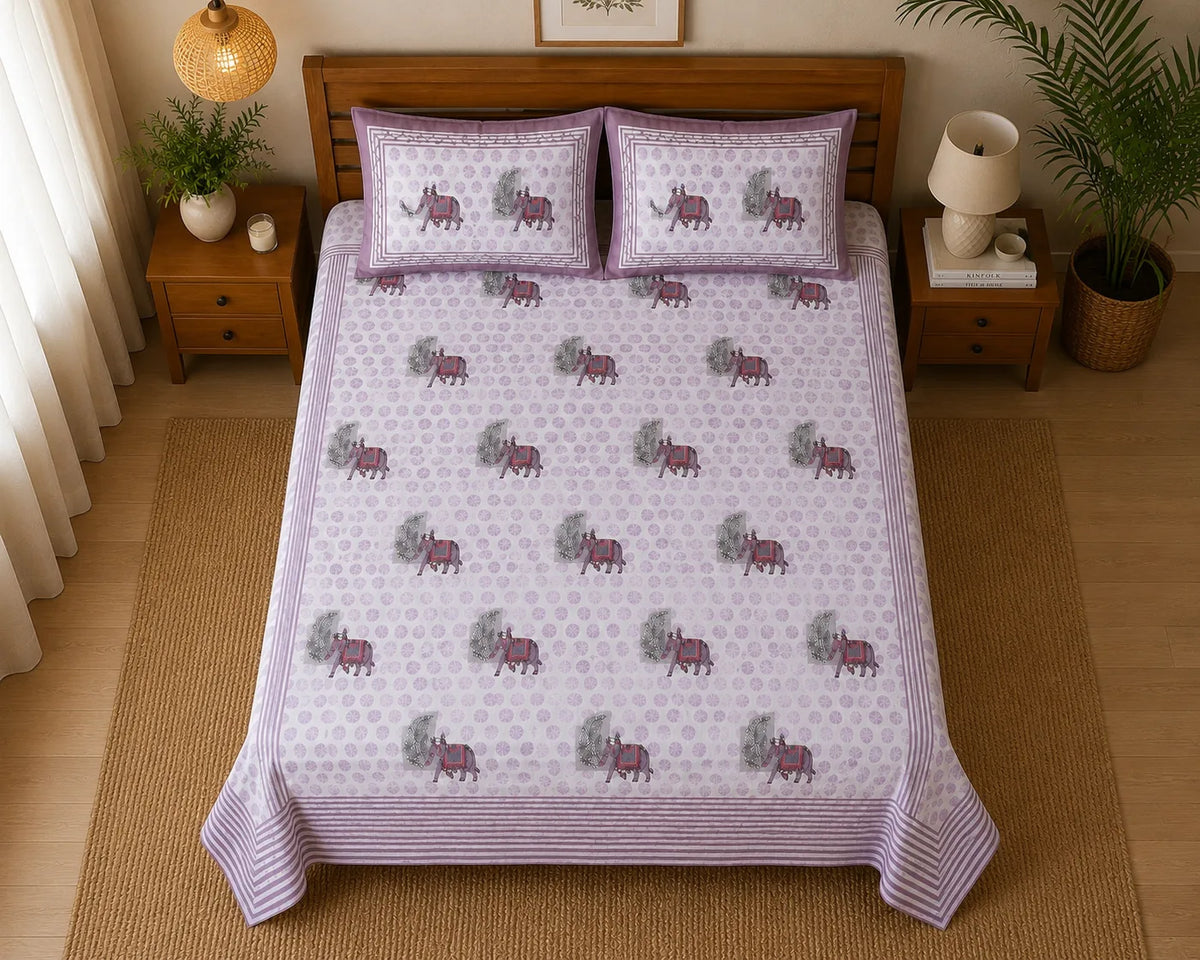 Maharaja Elephant Print Premium Cotton Double Bedsheet with 2 Pillow Covers (108x108 Super King Size)