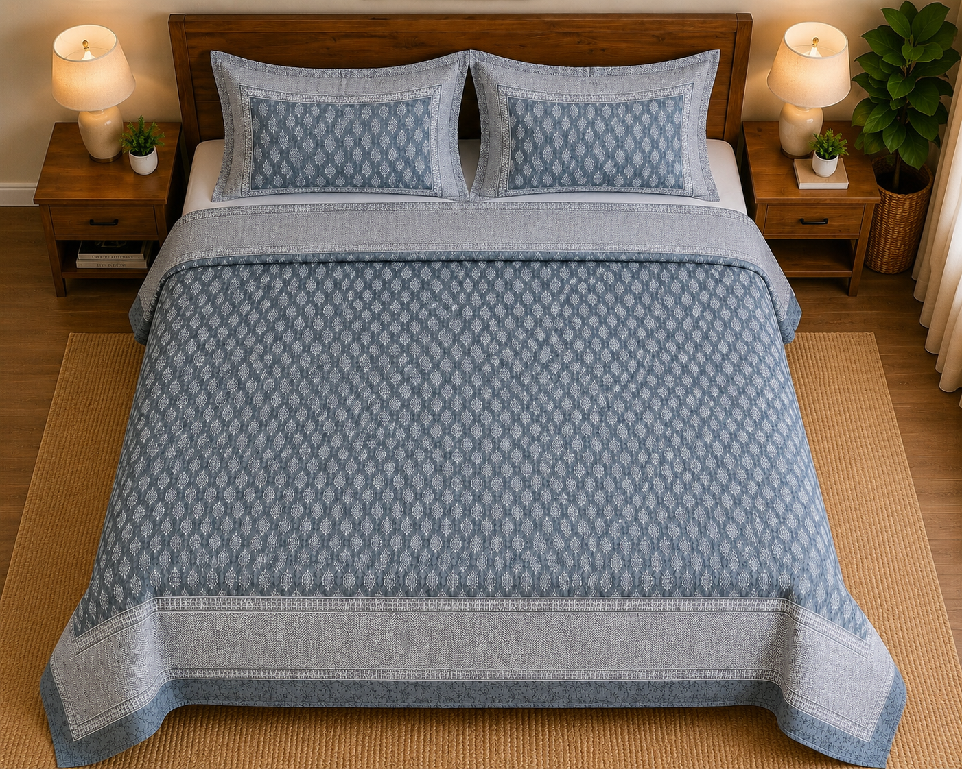 Slate Blue Buti Print Premium Cotton Bedsheet with Bordered 2 Pillow Covers