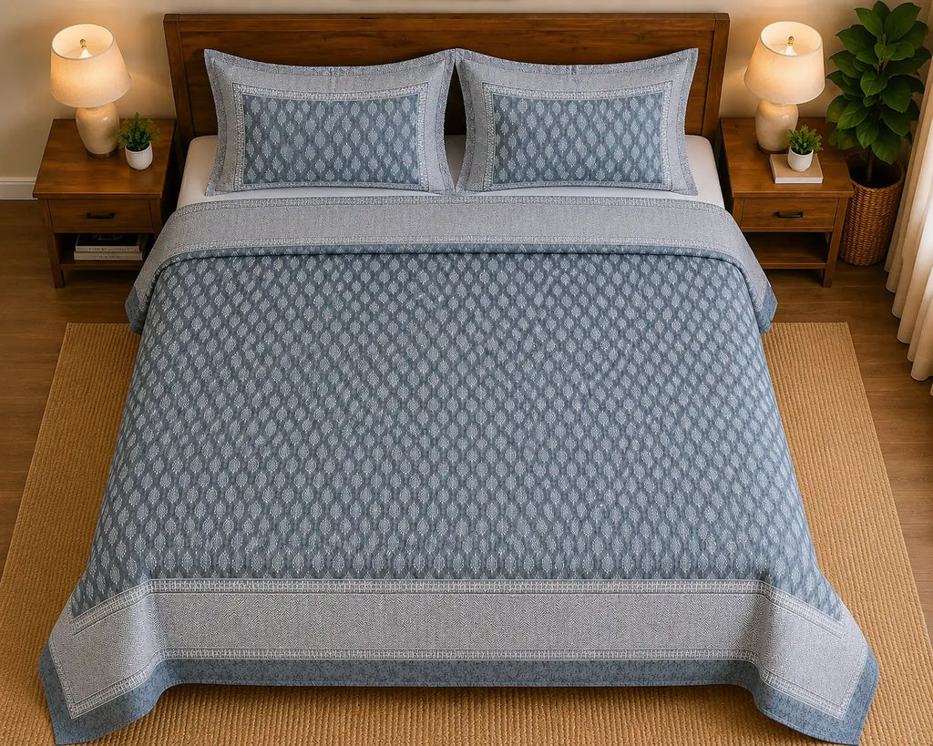 Slate Blue Buti Print Premium Cotton Bedsheet with Bordered 2 Pillow Covers