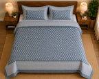 Slate Blue Buti Print Premium Cotton Bedsheet with Bordered 2 Pillow Covers