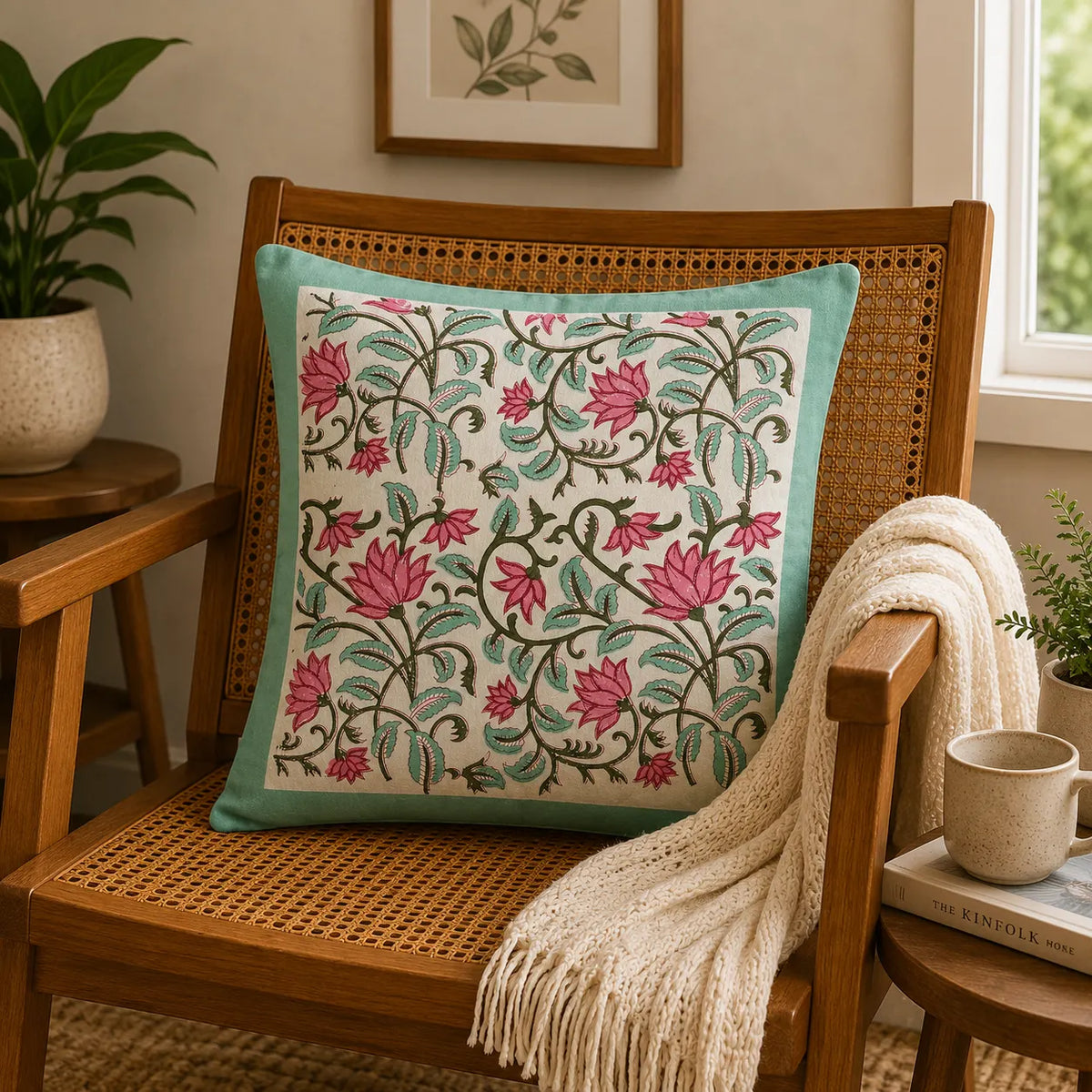 Gulnaar Lotus Hand Block Print Cushion Cover – 16x16 Inch | Floral Cotton Pillow Cover | Jaipur Artisan Design