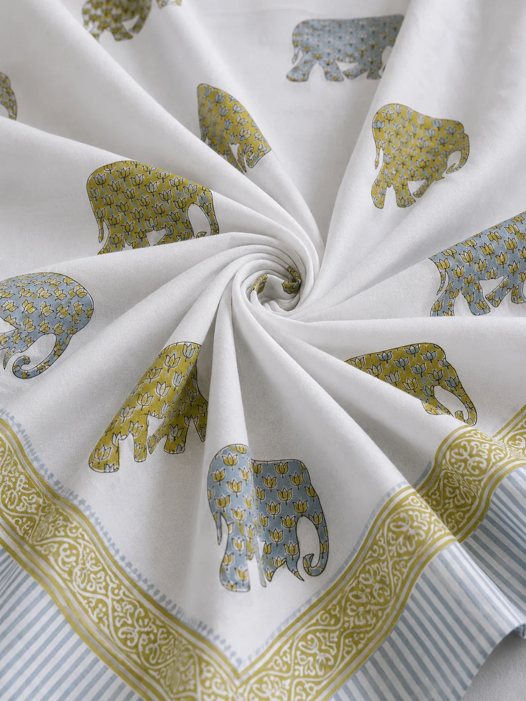 Gajraj Handblock Print Mustard Yellow & Powder Blue Premium Cotton Bedsheet with 2 Pillow Covers (108x108 super king size)