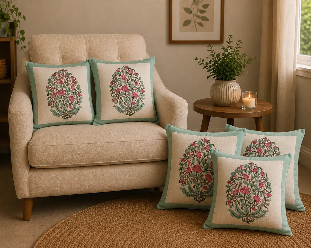 Lotus Floral Jaal Design - Hand Block Print Cotton Cushion Cover 16x16 Inch | Handmade Jaipur Pillow Cover | Aqua Green Border