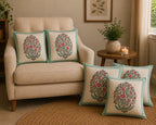 Lotus Floral Jaal Design - Hand Block Print Cotton Cushion Cover 16x16 Inch | Handmade Jaipur Pillow Cover | Aqua Green Border