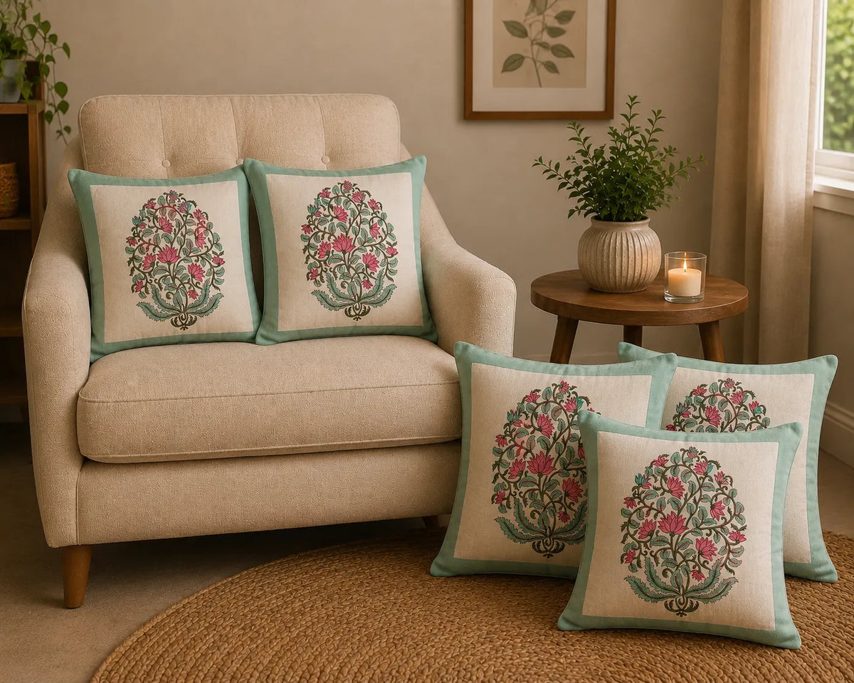 Lotus Floral Jaal Design - Hand Block Print Cotton Cushion Cover 16x16 Inch | Handmade Jaipur Pillow Cover | Aqua Green Border