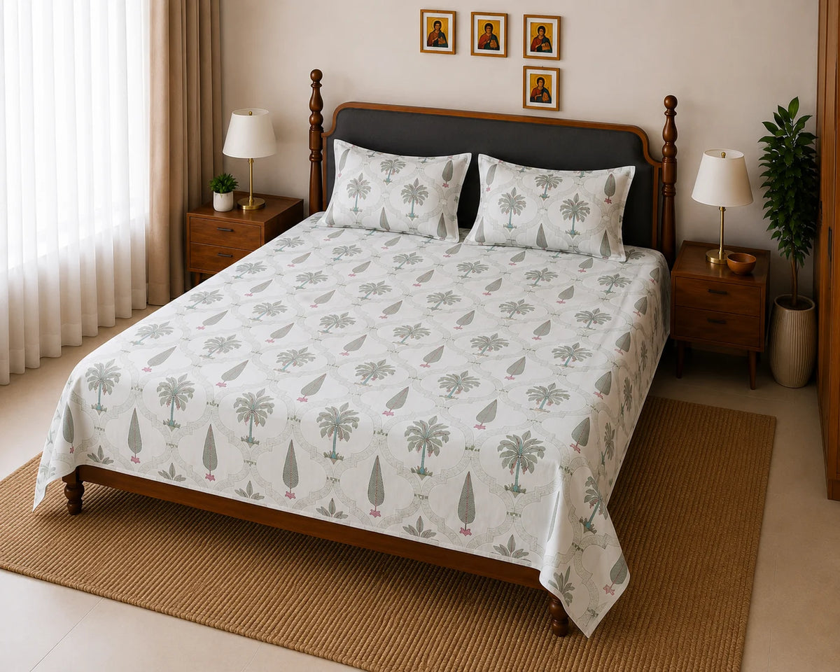 Nandanvan Handblock Print Premium Cotton Bedsheet with 2 Pillow Covers (108x108 super king size)