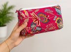 Hand Block Print Quilted Cotton Pouch Set of 3 | Gulmohar Pink Floral Travel Makeup & Toiletry Organizer
