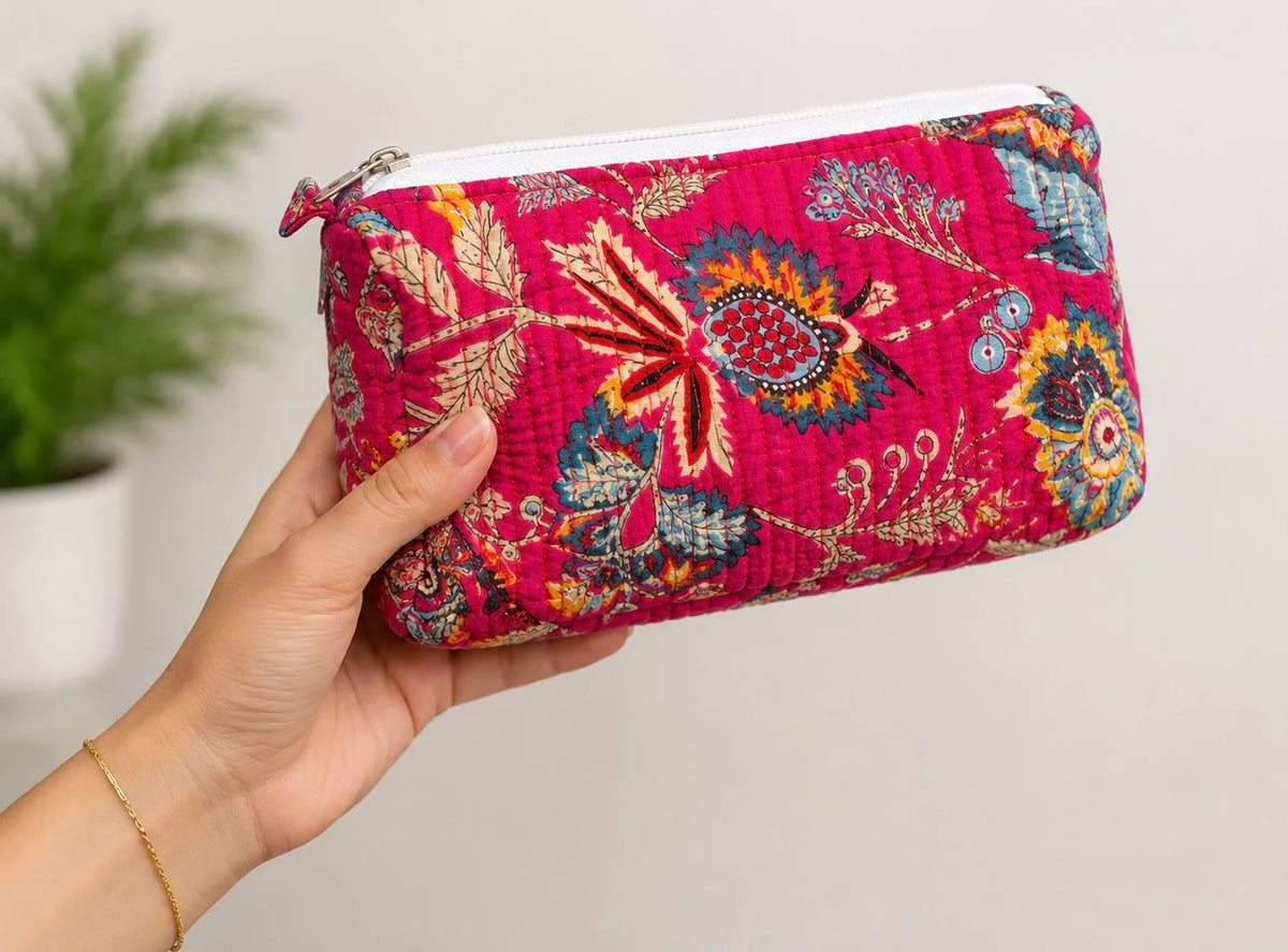 Hand Block Print Quilted Cotton Pouch Set of 3 | Gulmohar Pink Floral Travel Makeup & Toiletry Organizer