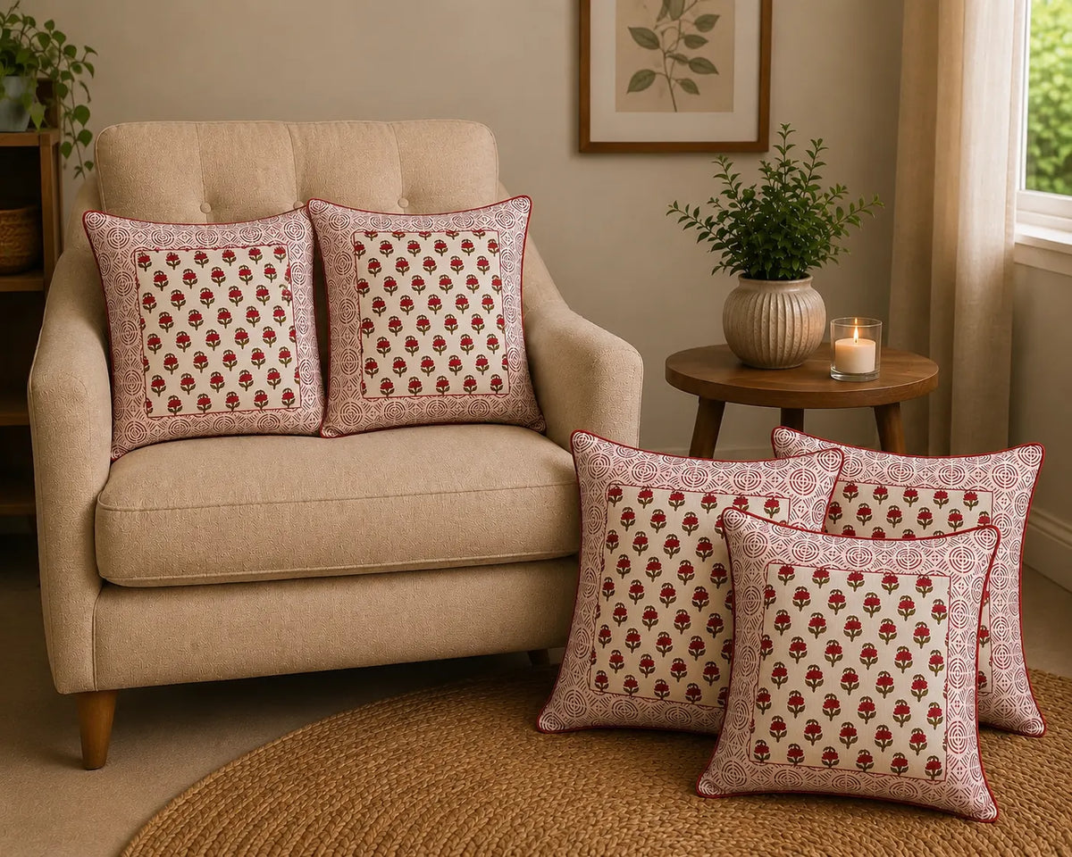 Kesar Baag Hand Block Print Cushion Cover – 16x16 Inch | Floral Cotton Pillow Cover | Jaipur Artisan Design