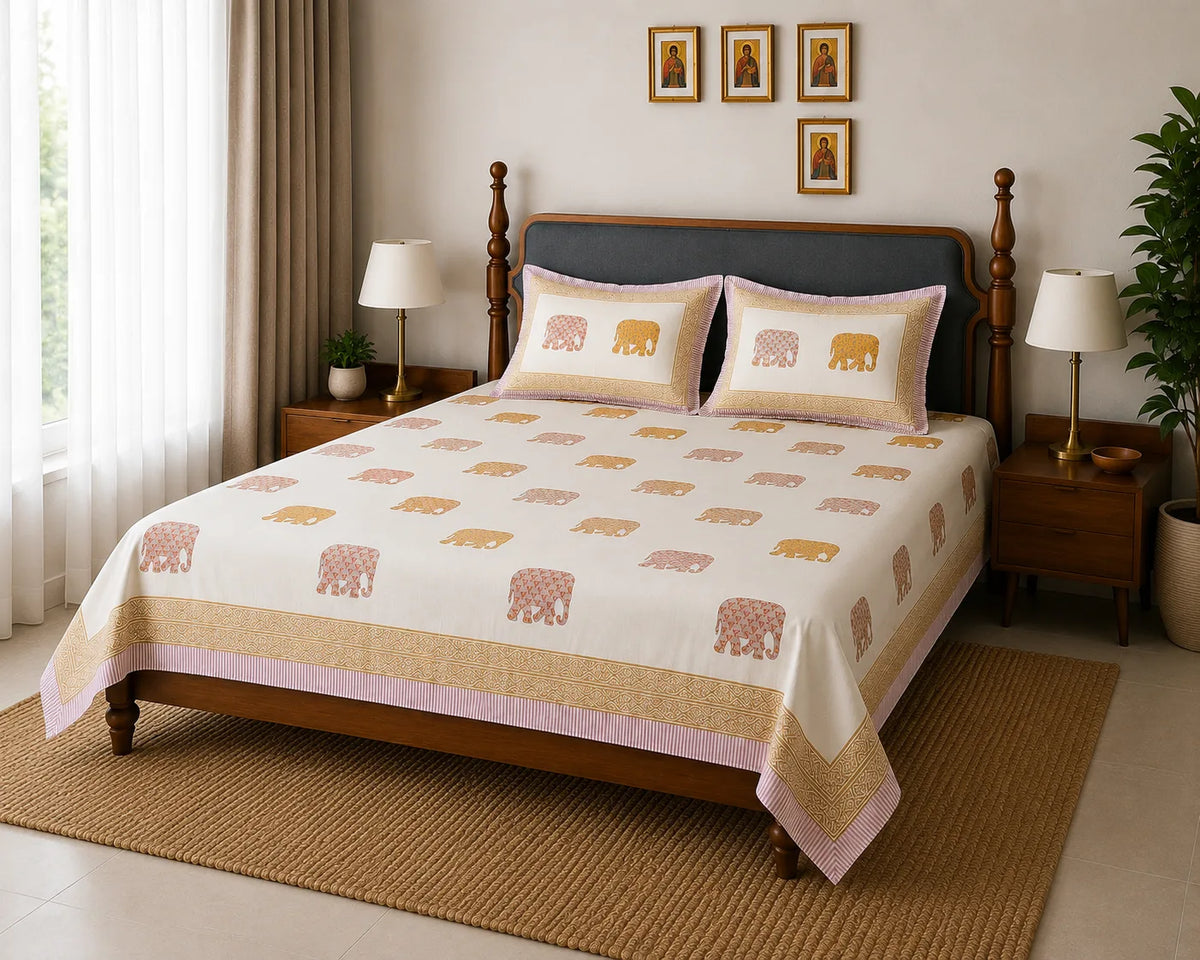 Gajraj Handblock Print pink Premium Cotton Bedsheet with 2 Pillow Covers (108x108 super king size)