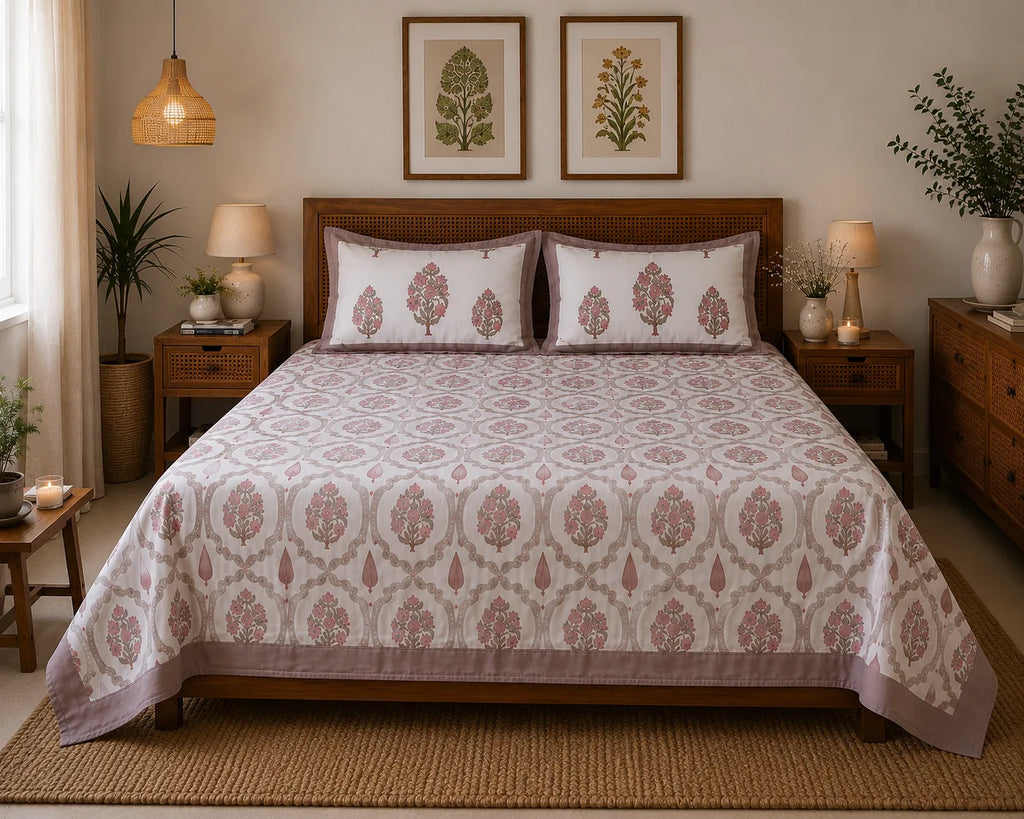 Gulab Kunj Print Cotton Bedsheet with 2 Pillow Covers | Premium Jaipuri Floral Bedsheet | (108x108 super king size)