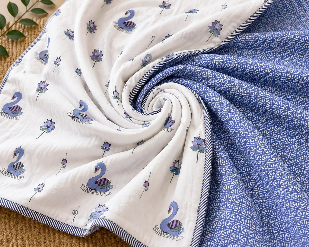 Rajhans Lotus Hand Block Print Reversible Single Bed Dohar | 100% Cotton | Soft Lightweight Quilt