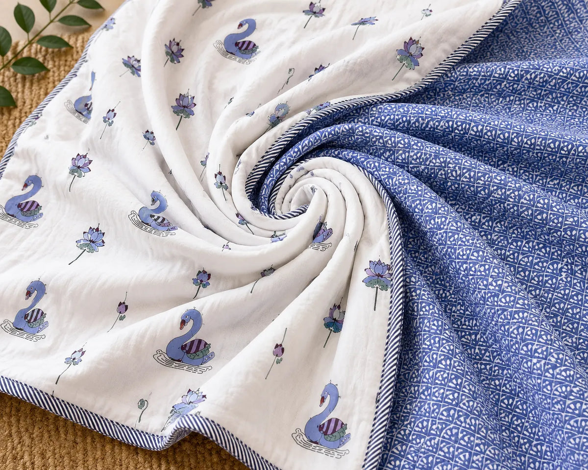 Rajhans Lotus Hand Block Print Reversible Single Bed Dohar | 100% Cotton | Soft Lightweight Quilt