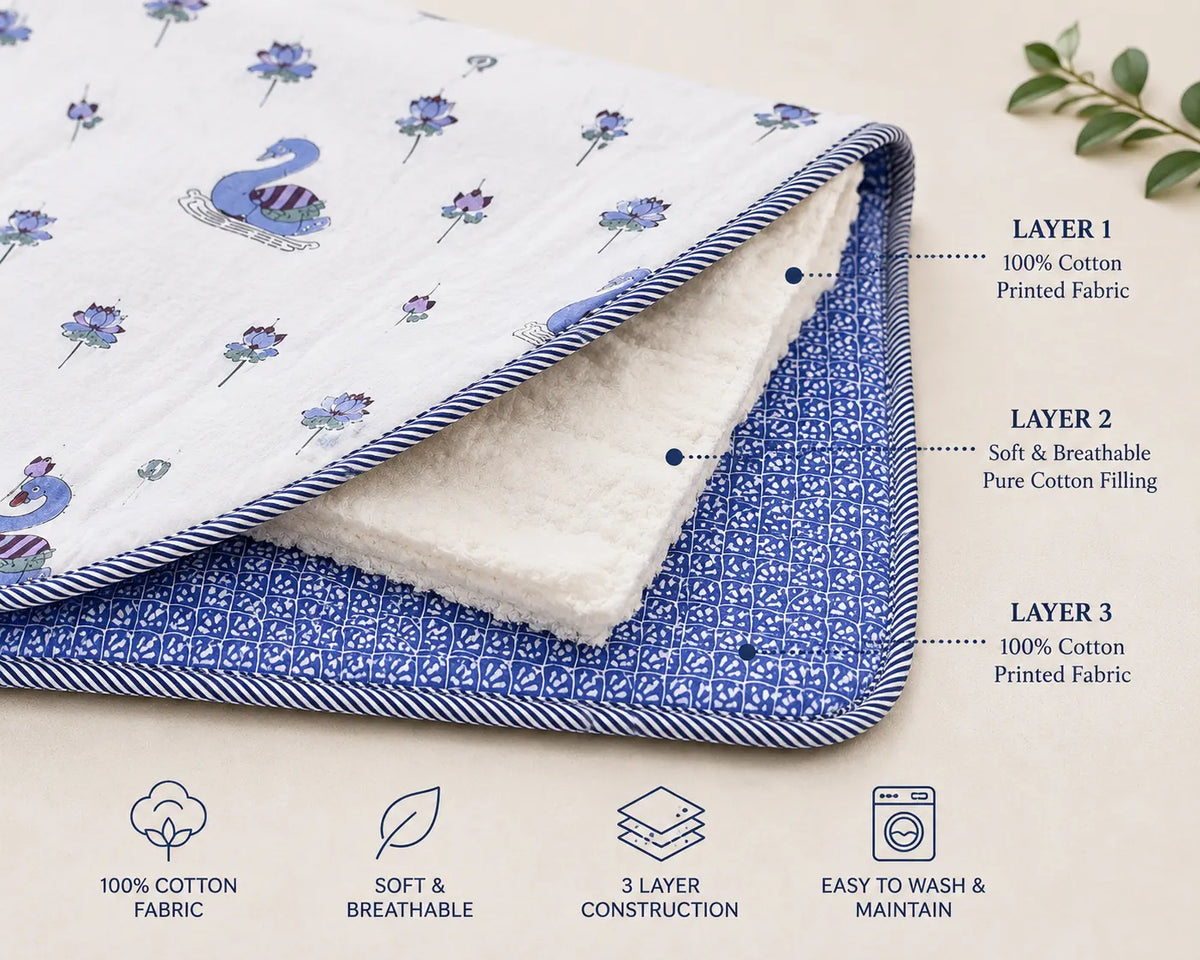 Rajhans Lotus Hand Block Print Reversible Single Bed Dohar | 100% Cotton | Soft Lightweight Quilt