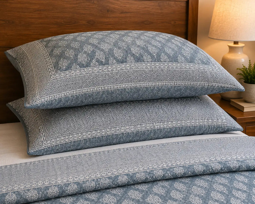 Slate Blue Buti Print Premium Cotton Bedsheet with Bordered 2 Pillow Covers