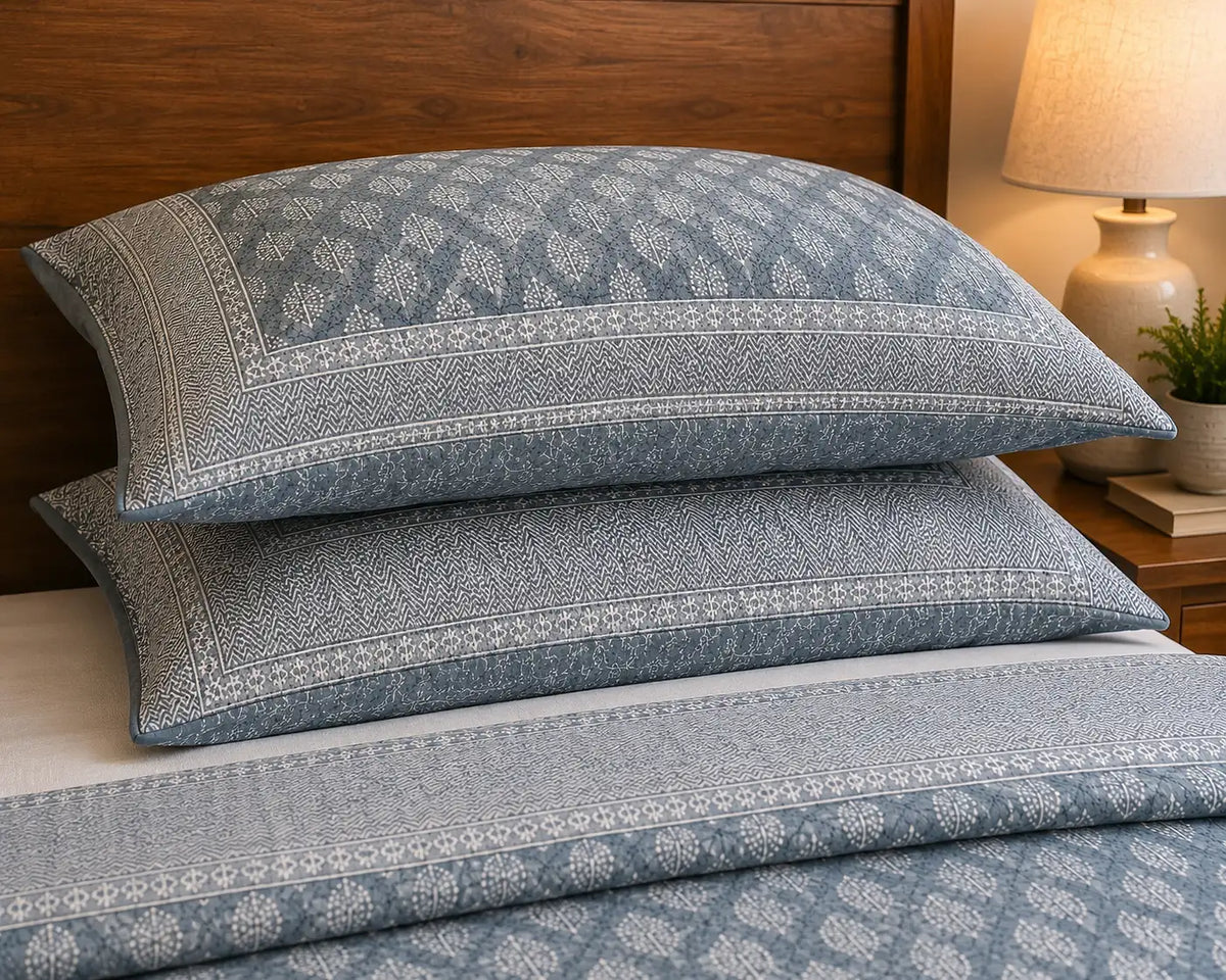 Slate Blue Buti Print Premium Cotton Bedsheet with Bordered 2 Pillow Covers