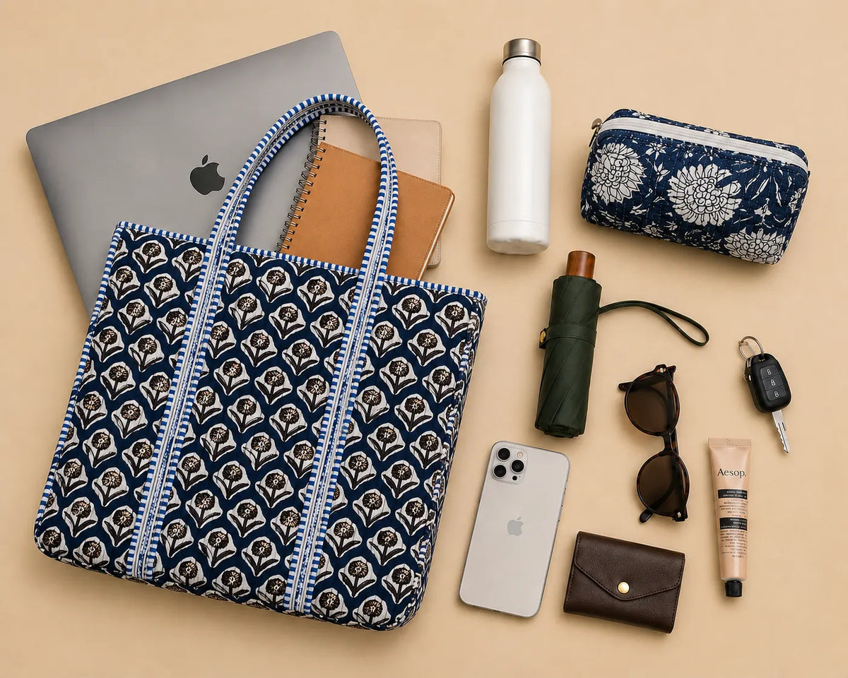Hand Block Print Cotton Tote Bag – Indigo Floral Canvas Tote | Quilted Reusable Shoulder Bag | Handmade Jaipur Tote for Everyday Use