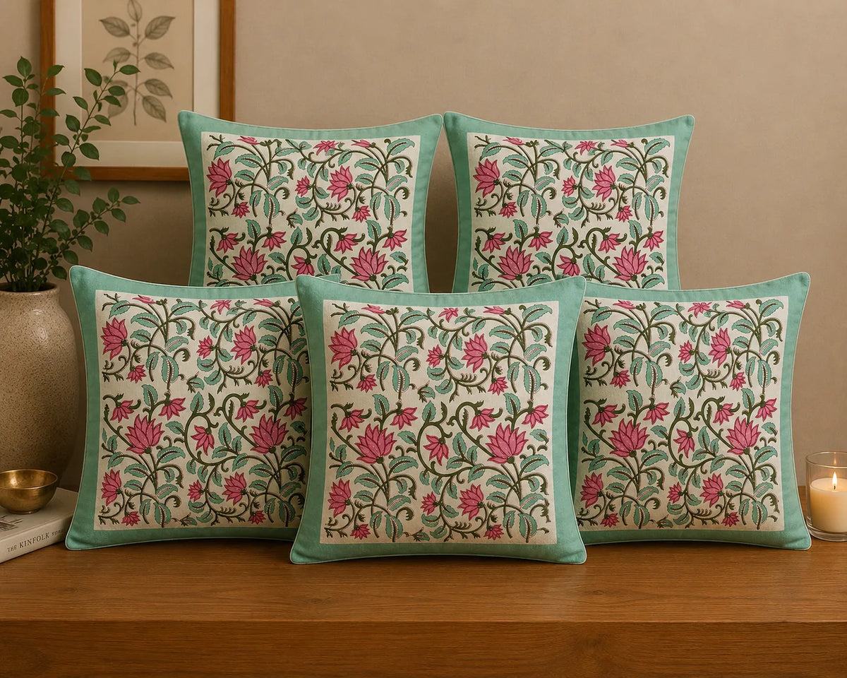Gulnaar Lotus Hand Block Print Cushion Cover – 16x16 Inch | Floral Cotton Pillow Cover | Jaipur Artisan Design