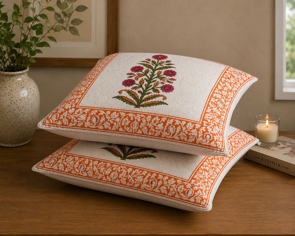 Maru Phool Hand Block Print Cushion Cover – 16x16 Inch | Floral Cotton Pillow Cover | Jaipur Artisan Design