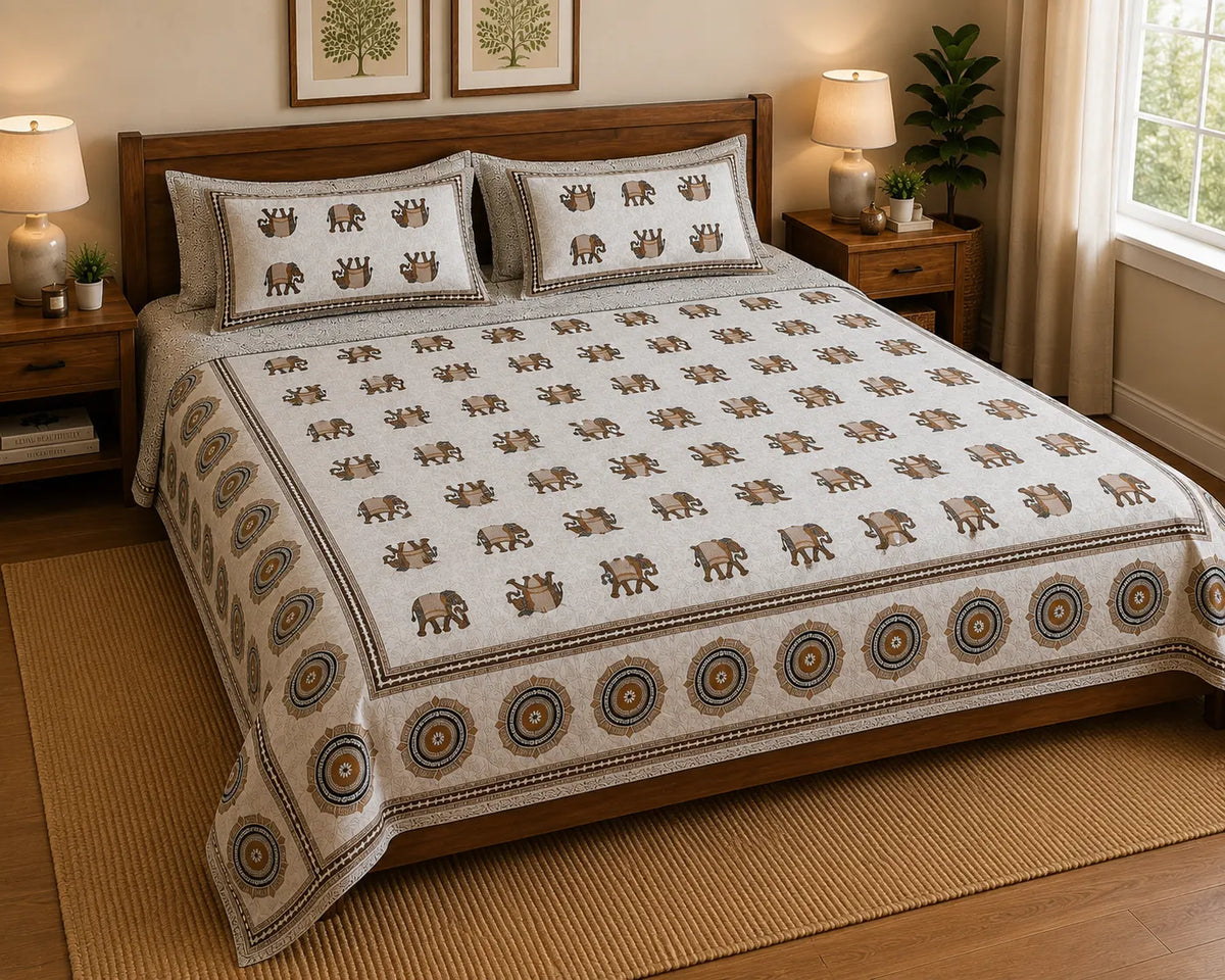 Jaipuri Gaj Booti Bedsheet Set | Ethnic Elephant Print Cotton Bed Sheet with 2 Pillow Covers (108x108 super king size)