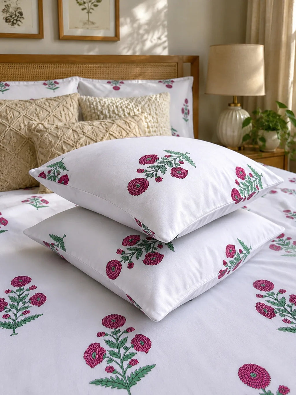 Gulabi Marigold Jaipuri Handblock Print Mulmul Cotton Bedsheet with 2 Pillow Covers (108x108 Super King Size)