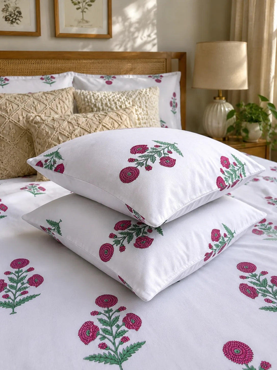 Gulabi Marigold Jaipuri Handblock Print Mulmul Cotton Bedsheet with 2 Pillow Covers (108x108 Super King Size)