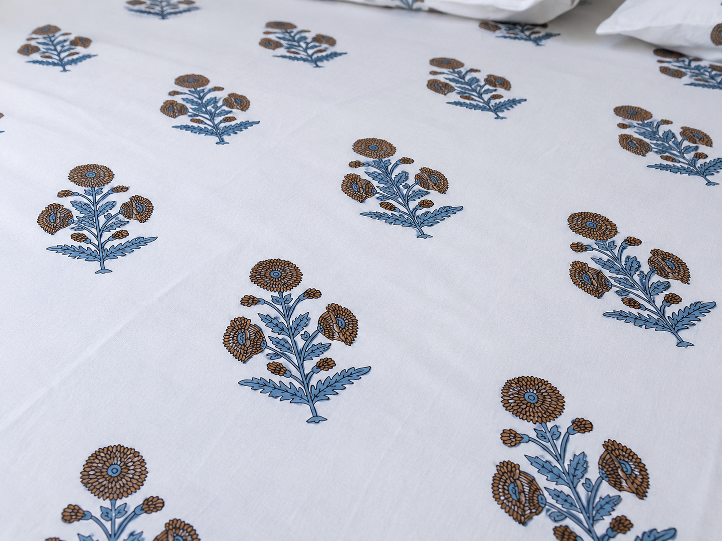 Royal Golden Brown Marigold Jaipuri Handblock Print Mulmul Cotton Bedsheet with 2 Pillow Covers (108x108 Super King Size)