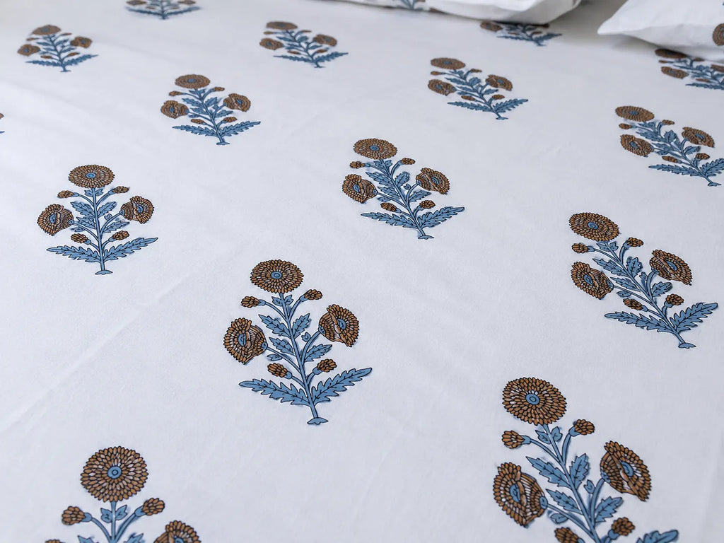 Royal Golden Brown Marigold Jaipuri Handblock Print Mulmul Cotton Bedsheet with 2 Pillow Covers (108x108 Super King Size)