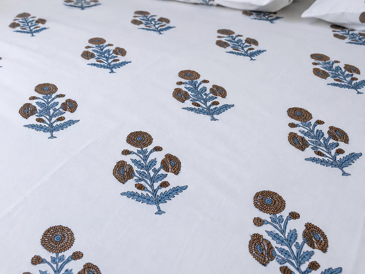 Royal Golden Brown Marigold Jaipuri Handblock Print Mulmul Cotton Bedsheet with 2 Pillow Covers (108x108 Super King Size)