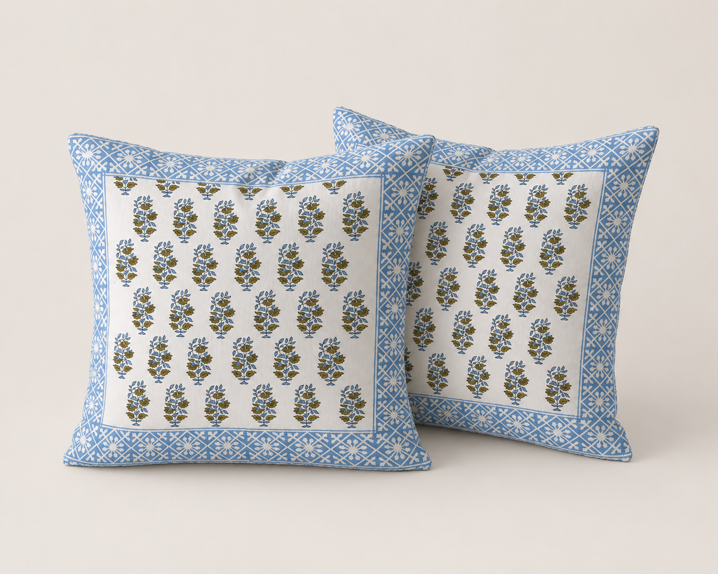 Neel Amber Hand Block Print Cushion Cover – 16x16 Inch | Floral Cotton Pillow Cover | Jaipur Artisan Design