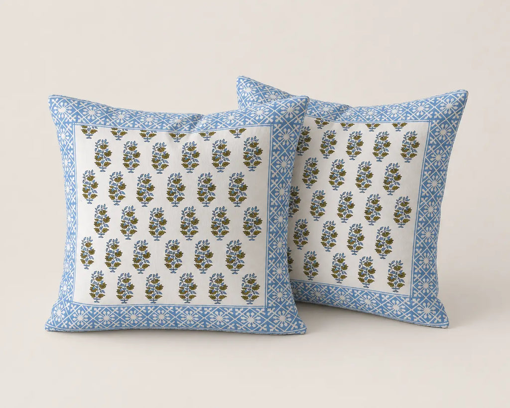 Neel Amber Hand Block Print Cushion Cover – 16x16 Inch | Floral Cotton Pillow Cover | Jaipur Artisan Design