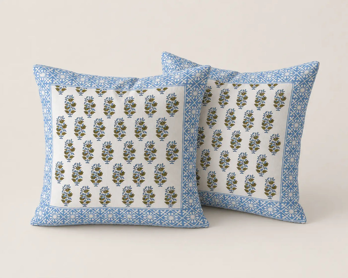 Neel Amber Hand Block Print Cushion Cover – 16x16 Inch | Floral Cotton Pillow Cover | Jaipur Artisan Design