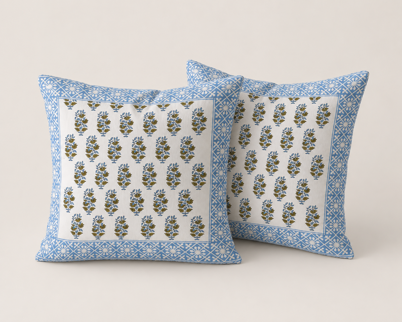 Sky Blue Floral Buti Hand Block Print Cushion Cover – 16x16 Inch | Floral Cotton Pillow Cover | Jaipur Artisan Design