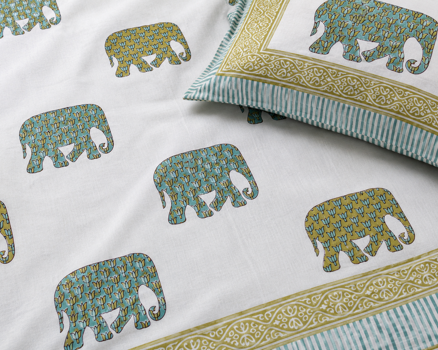 Gajraj Handblock Print Mustard & Sea Green Premium Cotton Bedsheet with 2 Pillow Covers (108x108 super king size)